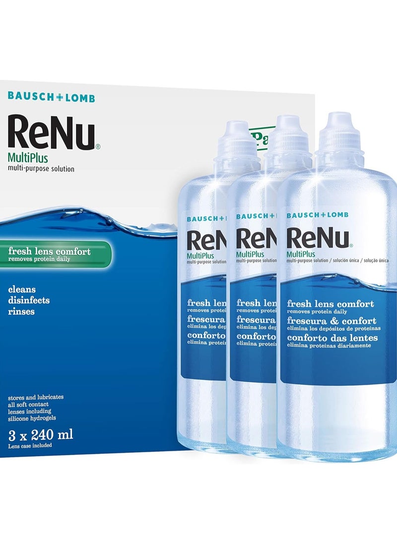 Renu ReNu MultiPlus Multi-Purpose Contact Lens Solution, 3 x 240ml | For Soft Contact Lenses | Moisturise, Remove Protein, Clean, Disinfect, Lubricate, Rinse and Store your Lenses | Lens Case Included 
