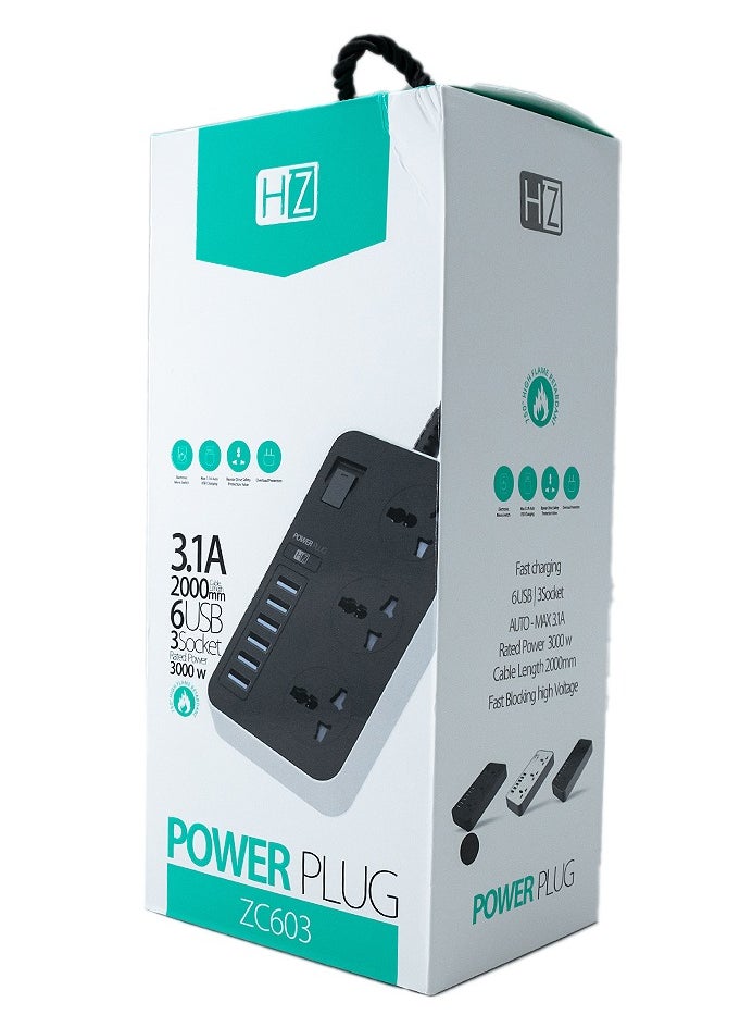 HEATZ 3.1A 2000 mm 6 USB 3 Socket 3000W Power Plug  - Image 5