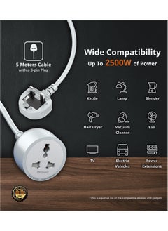 PEGANT 1 Way 5 Meters Universal Outlet Power Extension Cord, 5M Single Socket Cable Extender, 2500W One Plug Electric Wire for Desk, Table, Floor, Office, Car  - Image 5