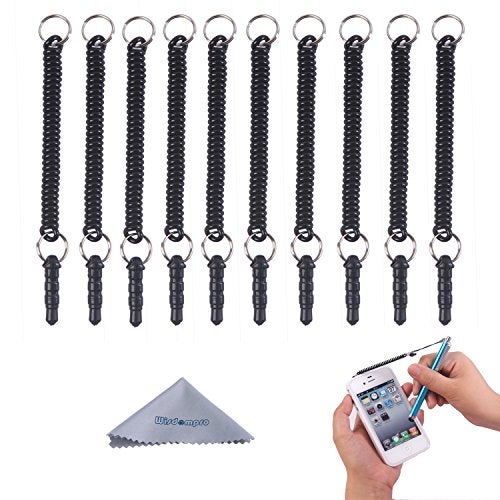 Wisdompro Stylus Tether, 10 Pack of Detachable Elastic Coil Tether Strings/Lanyards with 3.5mm Earphone Jack for Stylus Pens - Black - Image 1