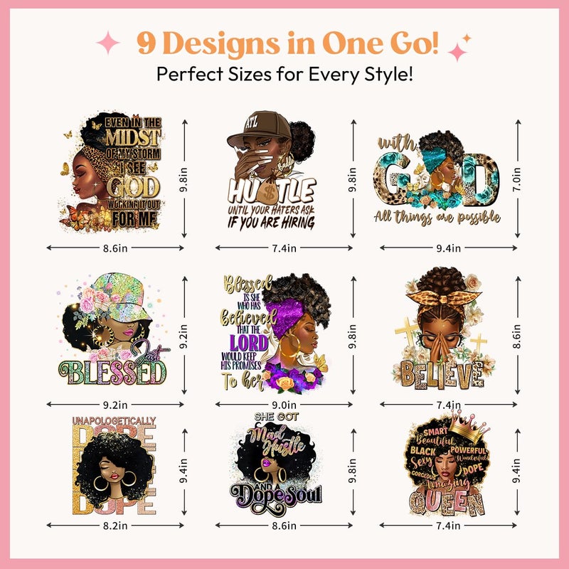 Kaciola 9 Sheets Black Girl DTF Transfers Ready to Press, Black Women Iron on Transfers Washable Stickers Iron on Decals for T Shirts Hoodie DIY Crafts - Image 2