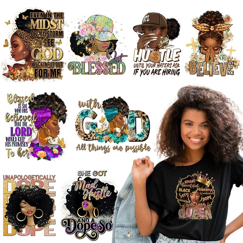 Kaciola 9 Sheets Black Girl DTF Transfers Ready to Press, Black Women Iron on Transfers Washable Stickers Iron on Decals for T Shirts Hoodie DIY Crafts - Image 1