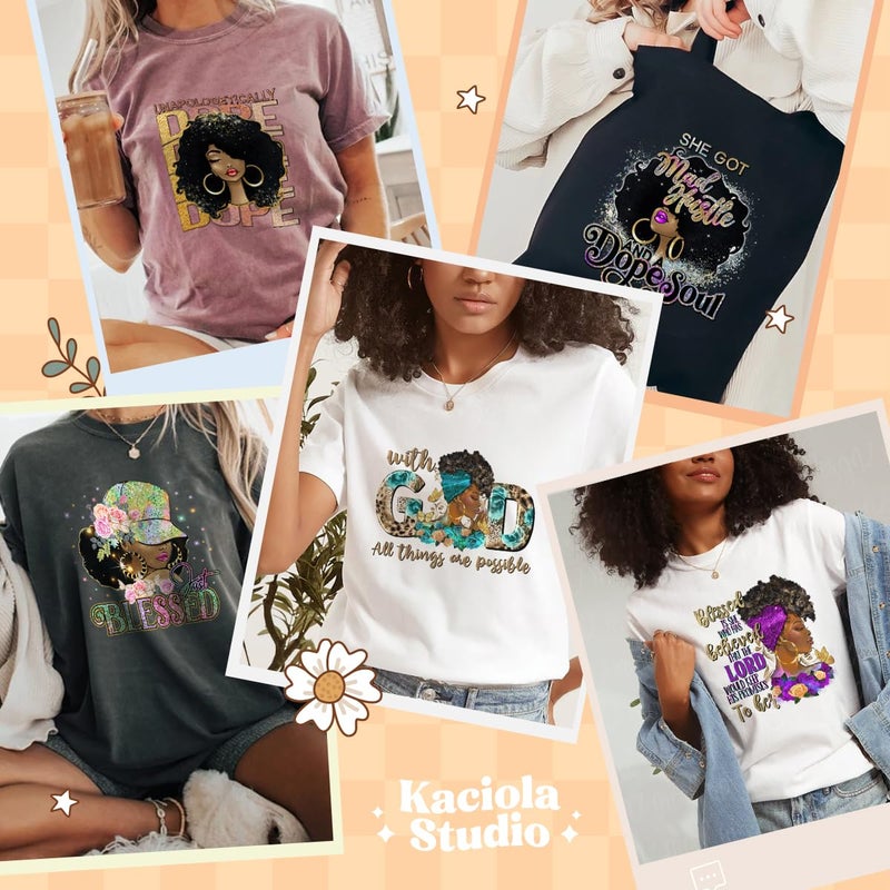 Kaciola 9 Sheets Black Girl DTF Transfers Ready to Press, Black Women Iron on Transfers Washable Stickers Iron on Decals for T Shirts Hoodie DIY Crafts - Image 5
