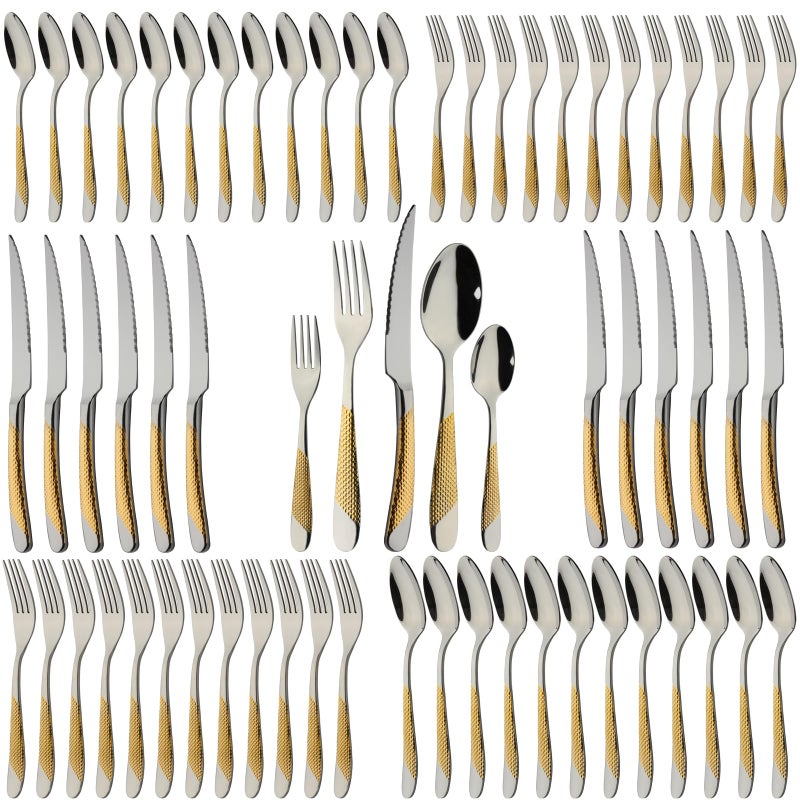 X-zrew Gold Silverware Set 60-Piece Stainless Steel Flatware Cutlery Set Service for 12 Kitchen Tableware Utensil Set Includes Knives Spoons Forks For Home Kitchen Restaurant - Image 1