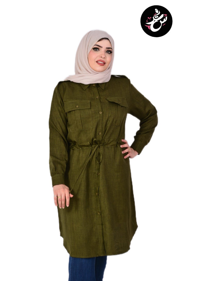 Setr Women Long Linen Chemise, Long Sleeve Shirt Women with Buttons, Long Olive Chemise for Women, Spanish Linen Modest Tunic Shirt - Image 1