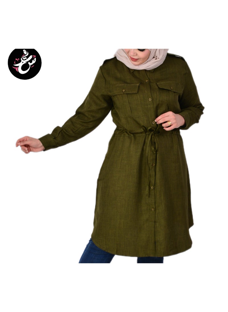 Setr Women Long Linen Chemise, Long Sleeve Shirt Women with Buttons, Long Olive Chemise for Women, Spanish Linen Modest Tunic Shirt - Image 2