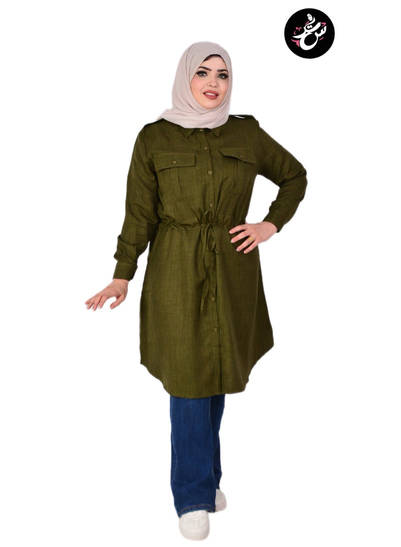 Setr Women Long Linen Chemise, Long Sleeve Shirt Women with Buttons, Long Olive Chemise for Women, Spanish Linen Modest Tunic Shirt - Image 3