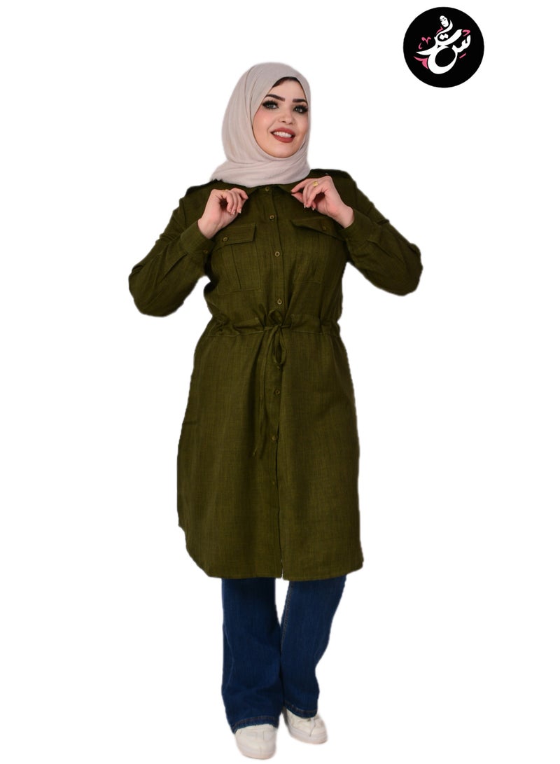 Setr Women Long Linen Chemise, Long Sleeve Shirt Women with Buttons, Long Olive Chemise for Women, Spanish Linen Modest Tunic Shirt - Image 4