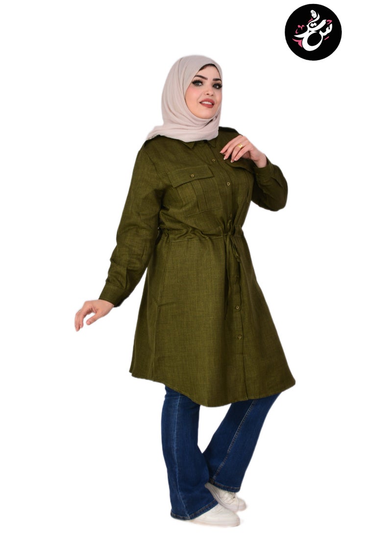 Setr Women Long Linen Chemise, Long Sleeve Shirt Women with Buttons, Long Olive Chemise for Women, Spanish Linen Modest Tunic Shirt - Image 5