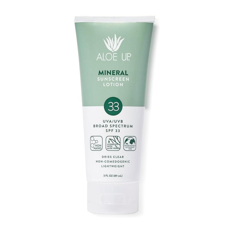 Aloe Up Mineral Sunscreen Lotion SPF 33 Broad Spectrum UVA/UVB Sunscreen Protector for Face and Body-With Gen2 Zinc Oxide and Aloe Vera Gel Dries Clear Reef Safe Coco-Mango Fragrance - 3 Oz