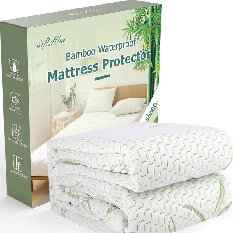 Softhour Queen Mattress Protector Waterproof Mattress Pad Washable Bamboo Rayon Mattress Cover Breathable Noiseless Bed Protector 5" - 21'' Elastic Fitted Deep Pocket - Image 1