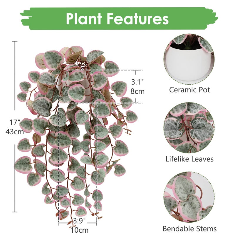 Briful Fake Plants Indoor 16'' Artificial String of Hearts Plants with Ceramic Pot Small Faux Draping Vine Plants for Home Bathroom Table Shelf Office Hotel Decor(Pink) - Image 2