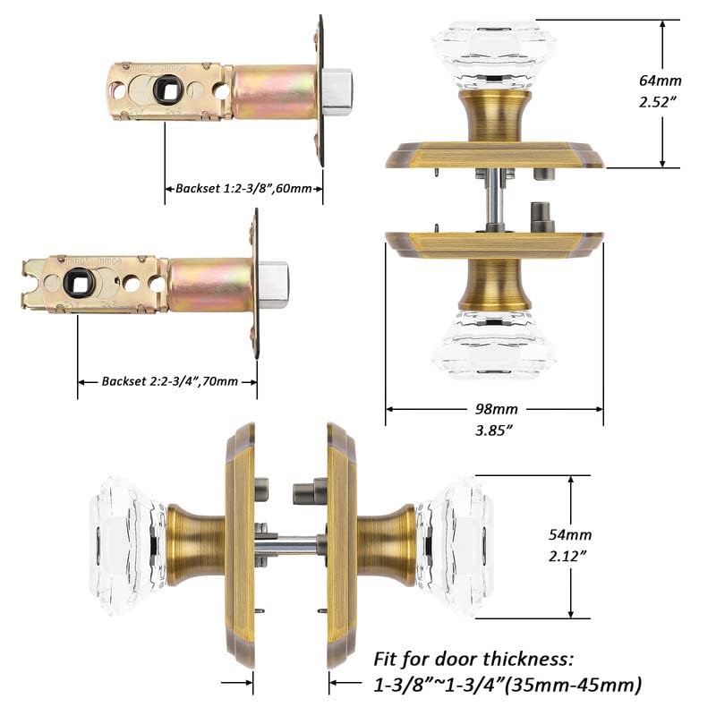 Orger Passage Door Knob for Hallway and Closet, Glass Door Handle with Non-Locking Latch, Octagonal Clear Crystal Door Knob 1 Pack, Antique Bronze Vintage Rosette with Heavy Duty Crystal - Image 5