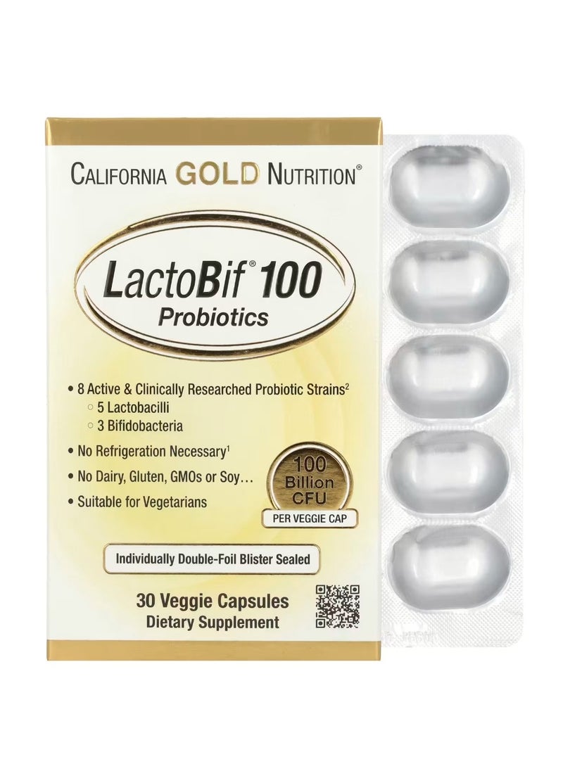 California Gold Nutrition LactoBif 100 Probiotic 100 Billion CFU 30 Veggie Capsules  - Image 1