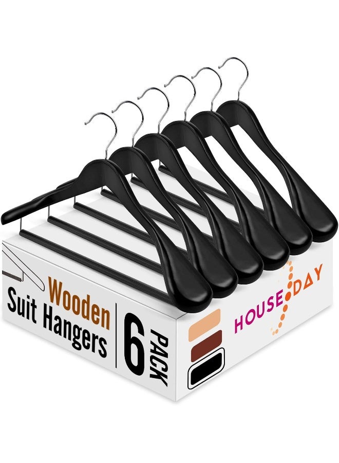 HOUSE DAY Wide Shoulder Wooden Hangers, Wood Suit Hangers with Non Slip Pant Holder, Heavy Duty Coat Hangers for Closet, Wooden Clothes Hangers for Suits, Coats, Jackets, Shirts (6 Pack, Black)… - Image 1