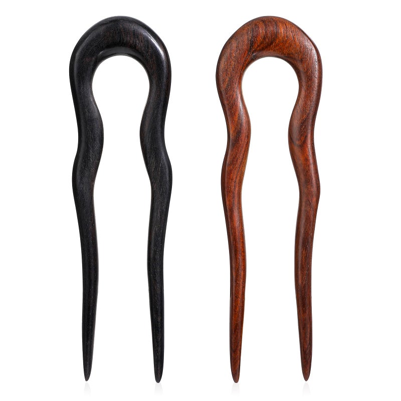 2 Pack Wooden Hair Sticks for Women U Shaped Hair Fork French U Shaped Hairpin with Two Prongs Hair Clips U Shape Hair Forks for Long Hair Frosted French Hair Pin Vintage Matte Hair Pins