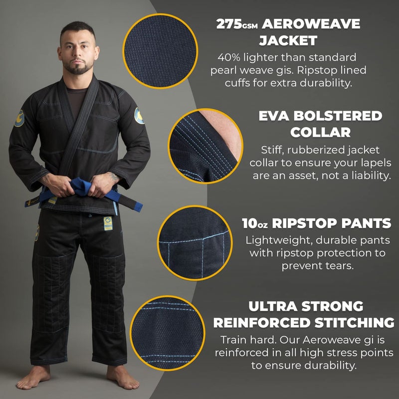 Gold BJJ Aeroweave Jiu Jitsu Gi - Ultra Lightweight BJJ Gi - Preshrunk Brazilian Jiu Jitsu Uniform for Men (Black, A3L) - Image 2