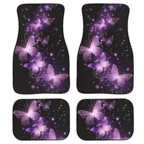 AFPANQZ Bling Butterflies Car Floor Mats 4 Packs Front and Rear Seat Floor Carpets Full Set Heavy Duvy Rubber Rugs Anti Slip All Weather Auto Interior Decor Black Purple - Image 1