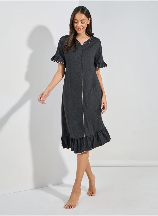 ستايلي Melange Contrast Edge Ruffle Hem & Sleeve Sleep Dress