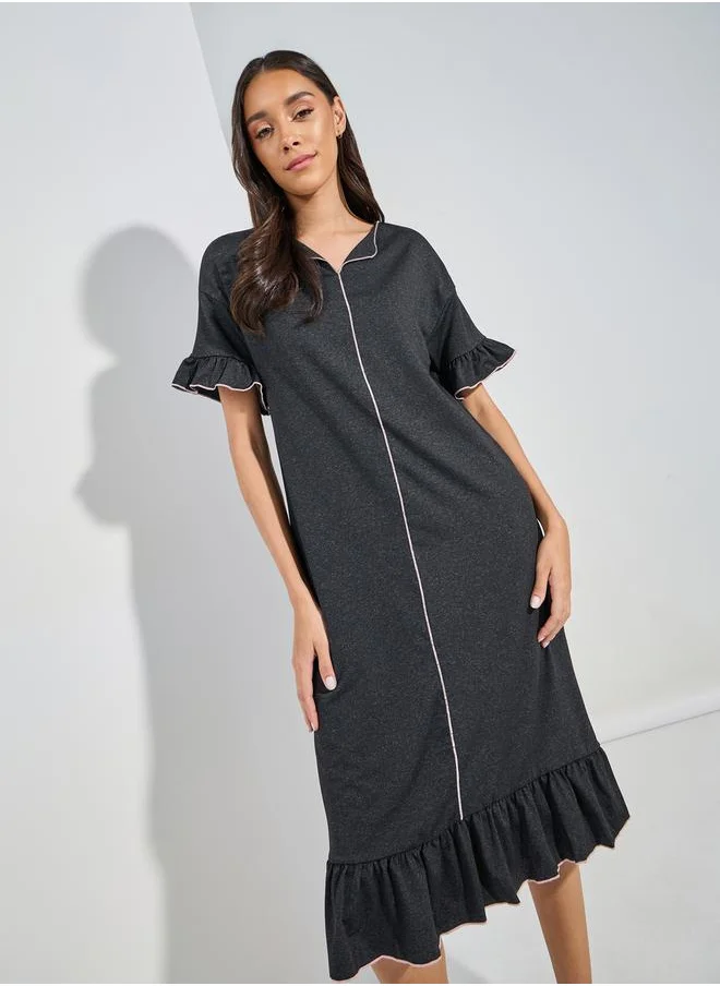 Styli Melange Contrast Edge Ruffle Hem & Sleeve Sleep Dress