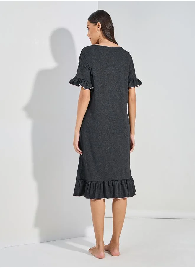 Styli Melange Contrast Edge Ruffle Hem & Sleeve Sleep Dress