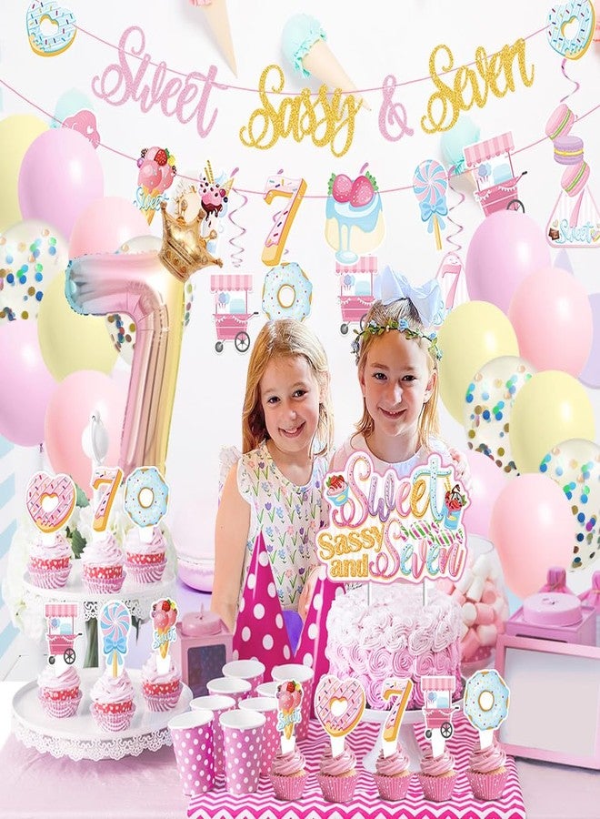 JUYRLE Sweet Sassy And Seven Birthday Decorations- 7th Birthday Decorations For Girls With Donut Banner Sweet Cake Topper 7th Foil Balloon For 7th Donut Themed Party Decor Sweet Seven Party Supplies - Image 5