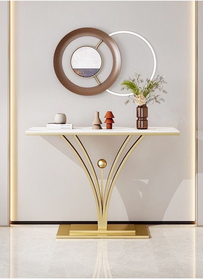 fashionhome - Modern Design Rock Slab Console Table White Sintered Stone Entryway Table White and Gold Geometric Line Pedestal for Foyer Living Room Offices 100x30x80 cm - Image 1