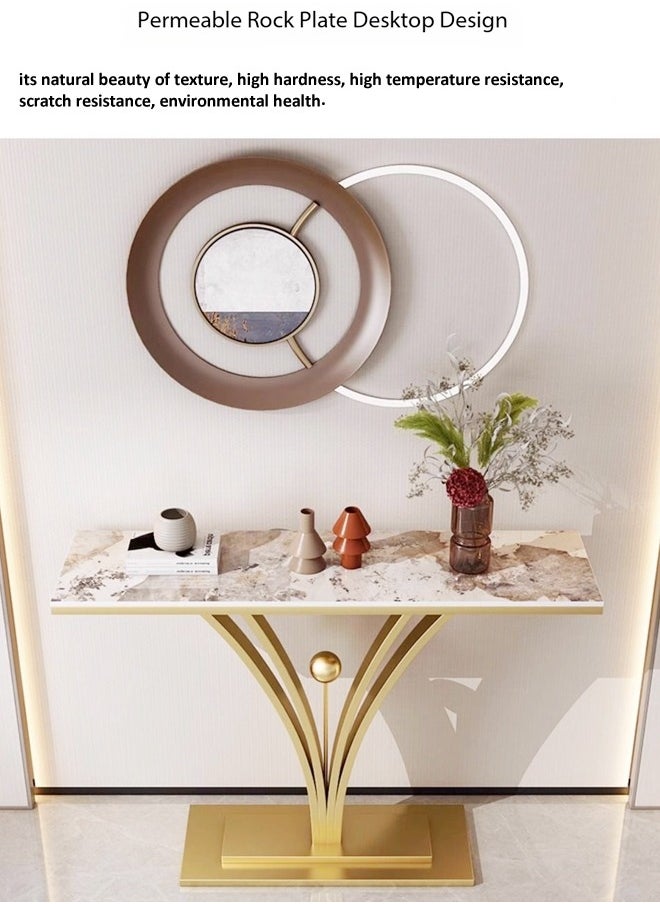 fashionhome - Modern Design Rock Slab Console Table White Sintered Stone Entryway Table White and Gold Geometric Line Pedestal for Foyer Living Room Offices 100x30x80 cm - Image 1