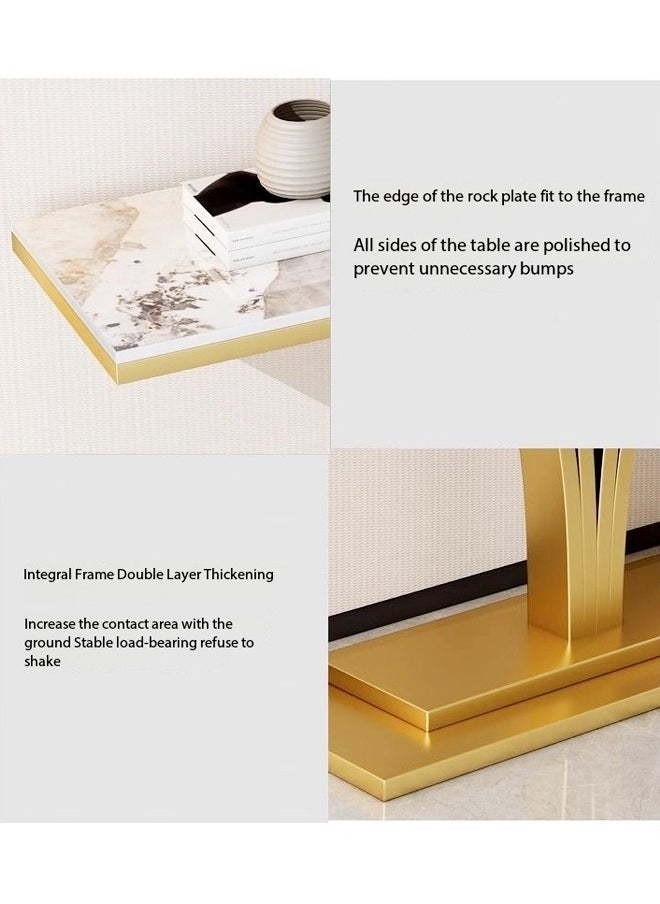 fashionhome - Modern Design Rock Slab Console Table White Sintered Stone Entryway Table White and Gold Geometric Line Pedestal for Foyer Living Room Offices 100x30x80 cm - Image 1