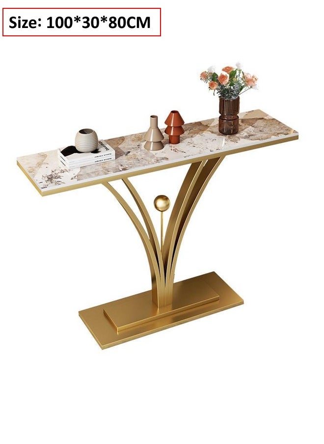 fashionhome - Modern Design Rock Slab Console Table White Sintered Stone Entryway Table White and Gold Geometric Line Pedestal for Foyer Living Room Offices 100x30x80 cm - Image 1