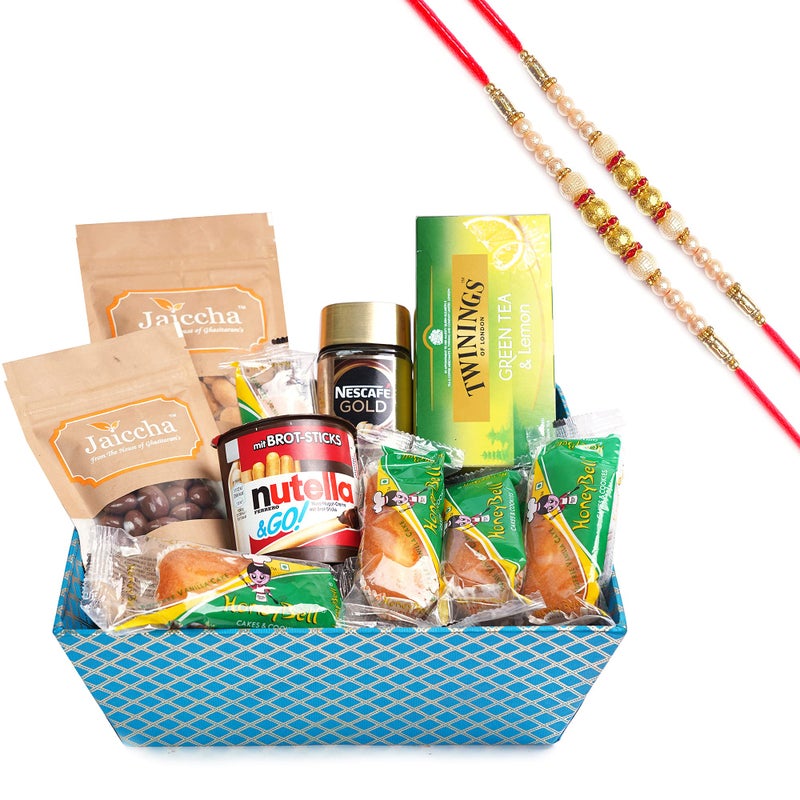 Jaiccha Ghasitaram Rakhi Gifts for Brothers - Perfect Tea/ Coffee Time Basket Hamper with 2 Pearl Rakhis - Image 1