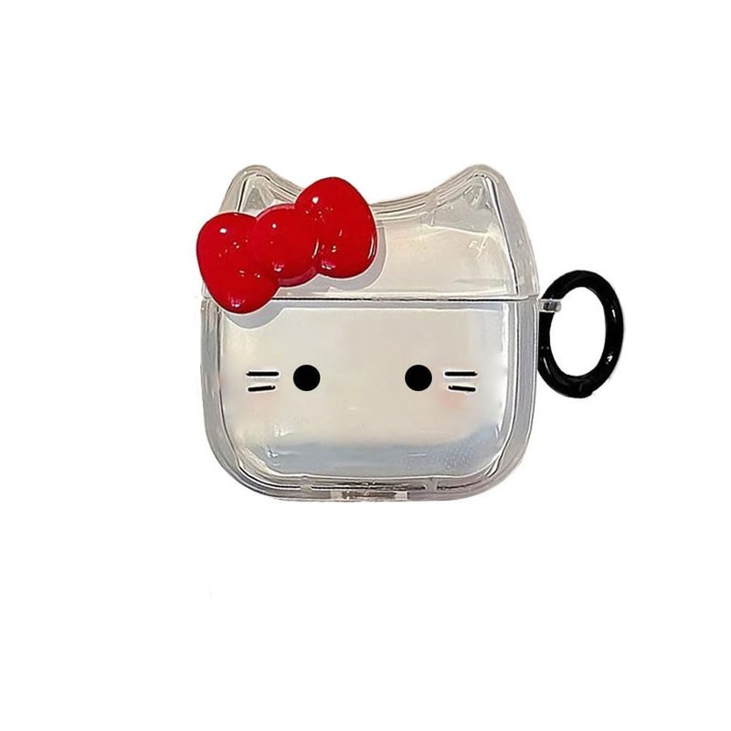 ELVRLA Transparent Clear Earphone Case for AirPods 4, Cute Lovely Cat Face Soft TPU Silicone Case, Kitty Ear AirPods 4 Cover Protective Skin Shockproof Protector for iPod Earbuds -Red Bowknot Cat - Image 1