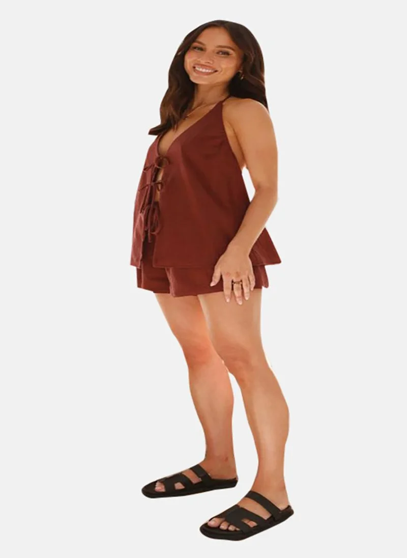 يونيكي Brown Sleeveless Pure Cotton Top With Short