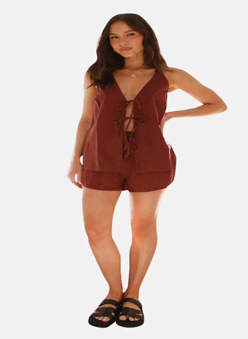 يونيكي Brown Sleeveless Pure Cotton Top With Short