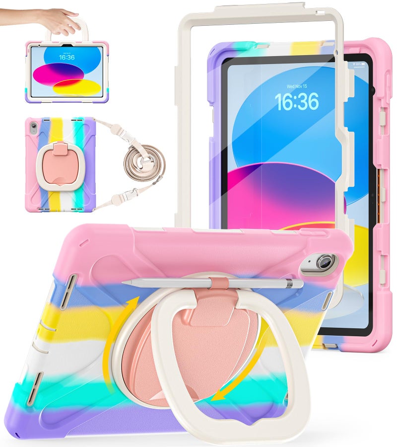 BATYUE Case for iPad (A16) 11th/10th Gen 11''/10.9'' - Heavy Duty Shockproof Cover for Kids with 360Â° Rotating & 180Â° Folding Stand, Screen Protector, Shoulder Strap & Pencil Holder | Colorful Pink - Image 1