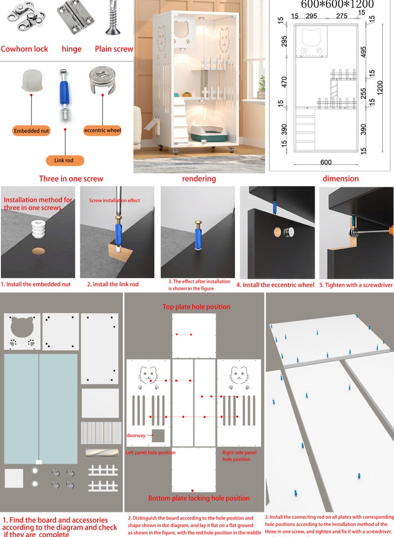Sunshinee Sunshine A-2 Brown Luxury Wooden Cat Villa with Glass Front Door, Small Side Door, Bottom Wheels for Easy Movement and Internal Scratcher 60*60*125 cm - Image 4