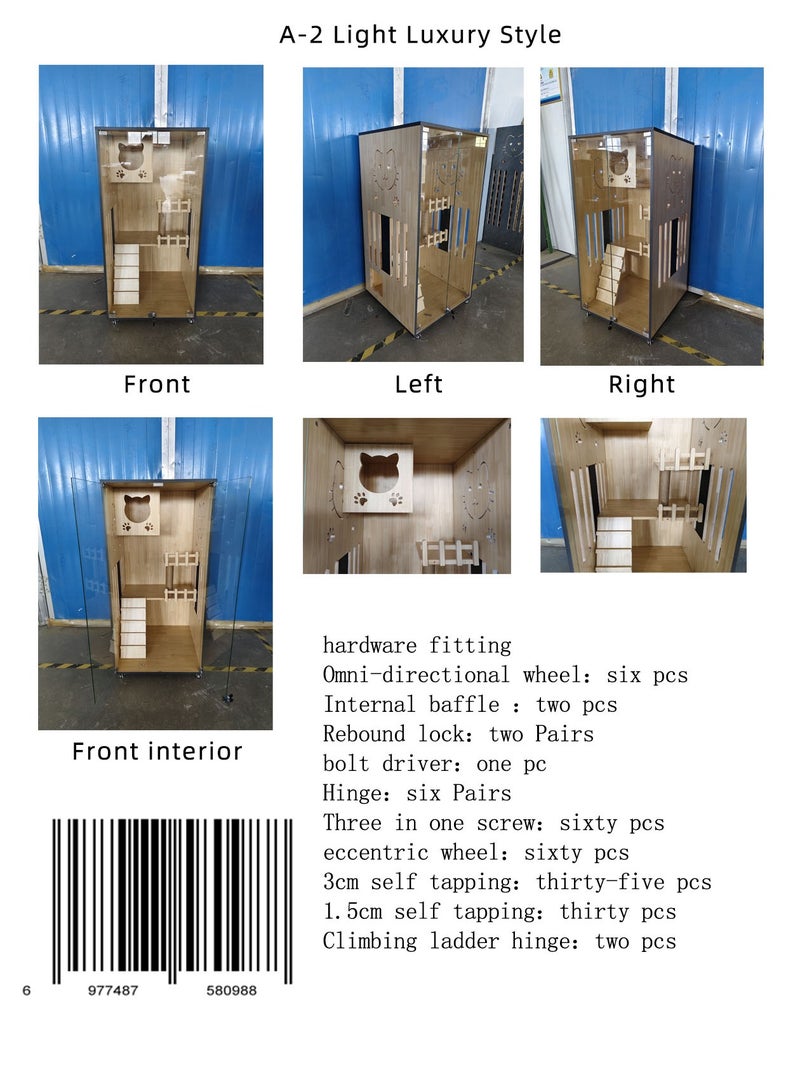 Sunshinee Sunshine A-2 Brown Luxury Wooden Cat Villa with Glass Front Door, Small Side Door, Bottom Wheels for Easy Movement and Internal Scratcher 60*60*125 cm - Image 2