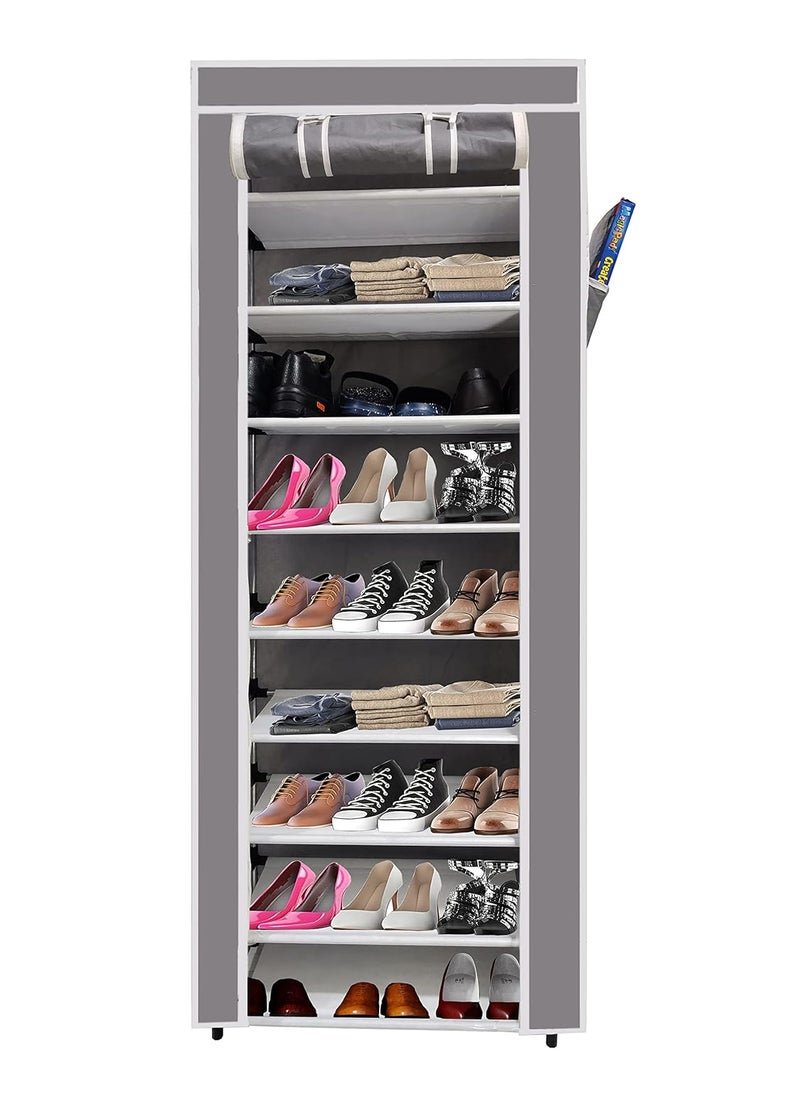 Whitecloud TRANSFORMING HOMES Whitecloud TRANSFORMING HOMES® 9 Tiers Multipurpose Portable Shoe Cabinet Rack Light Weight Foldable Shelves Storage Organizer with Wardrobe Cover for Home (9 Layer) (Grey) Storage Unit 