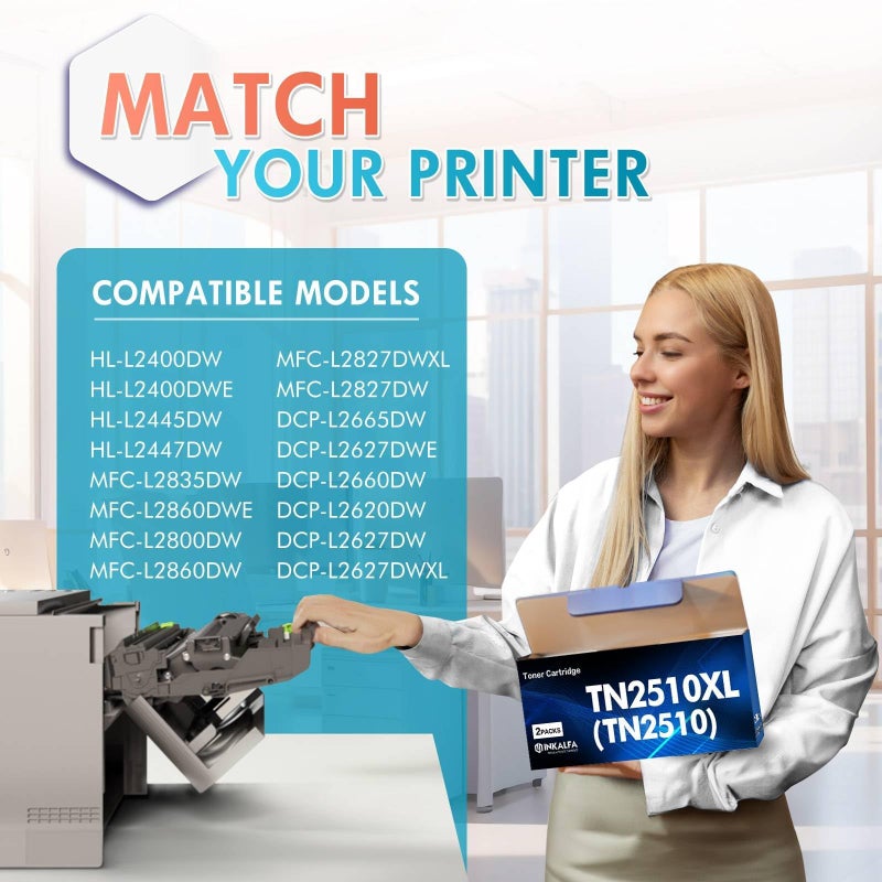 inkalfa TN2510XL TN2510 Toner Cartridges With Chip Compatible for Brother TN-2510XL TN-2510 TN 2510XL 2510 for Brother DCP-L2665DW MFC-L2835DW DCP-L2627DWE DCP-L2660DW MFC-L2860DWE MFC-L2800DW (2 x Black) - Image 2
