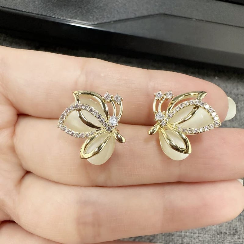 Dtja Elegant CZ Butterfly Earrings Crystal Cat's Eye Stud for Women Gold-Tone 925 Sterling Silver Post Pin Hypoallergenic Piercing Jewelry Dainty Wedding Birthday Prom Party Gifts - Image 5