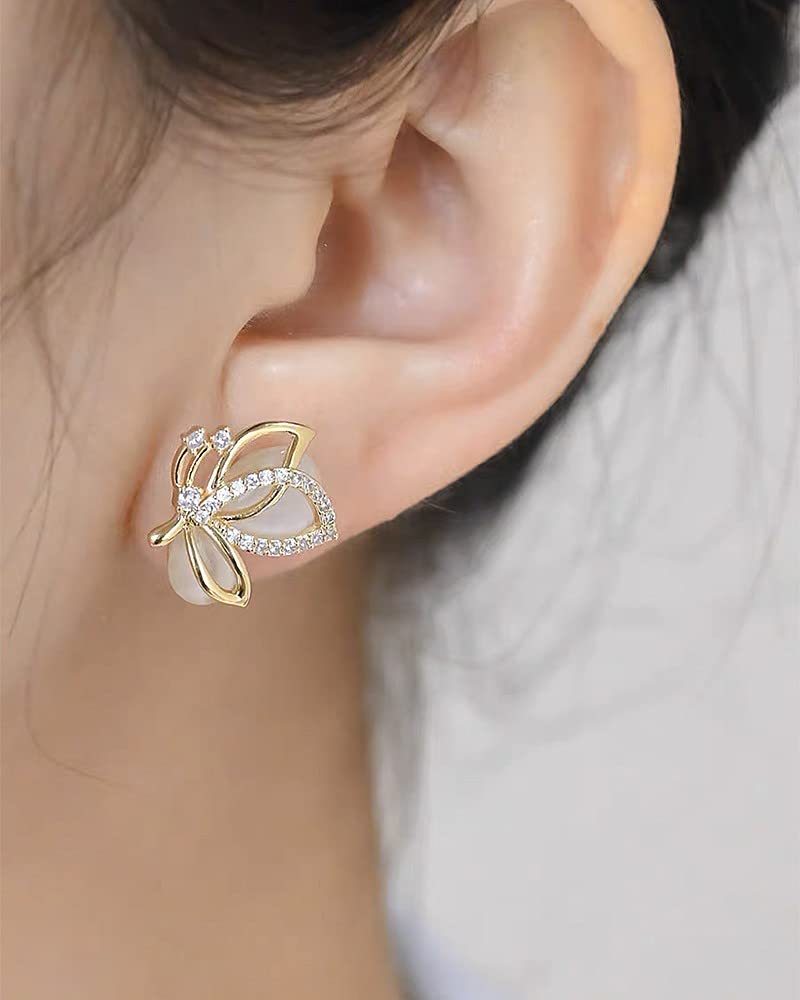 Dtja Elegant CZ Butterfly Earrings Crystal Cat's Eye Stud for Women Gold-Tone 925 Sterling Silver Post Pin Hypoallergenic Piercing Jewelry Dainty Wedding Birthday Prom Party Gifts - Image 2