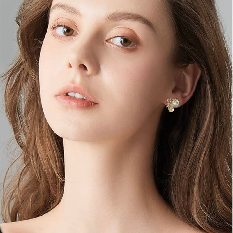 Dtja Elegant CZ Butterfly Earrings Crystal Cat's Eye Stud for Women Gold-Tone 925 Sterling Silver Post Pin Hypoallergenic Piercing Jewelry Dainty Wedding Birthday Prom Party Gifts - Image 3