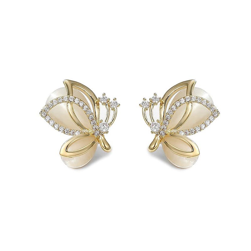 Dtja Elegant CZ Butterfly Earrings Crystal Cat's Eye Stud for Women Gold-Tone 925 Sterling Silver Post Pin Hypoallergenic Piercing Jewelry Dainty Wedding Birthday Prom Party Gifts - Image 1