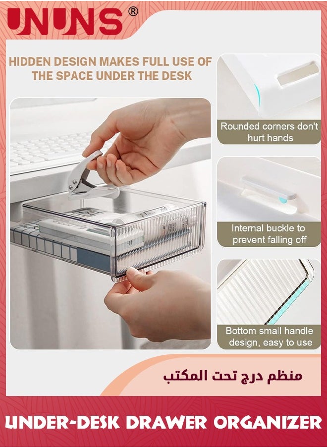 UNUNS - 2 Pack Under Desk Drawer Slide Out,Smal And Medium,Stick On Desk Drawer Under Desk Storage,Under Desk Organizer Hidden Under Table Drawer For Home Office School Organization And Storage - Image 1