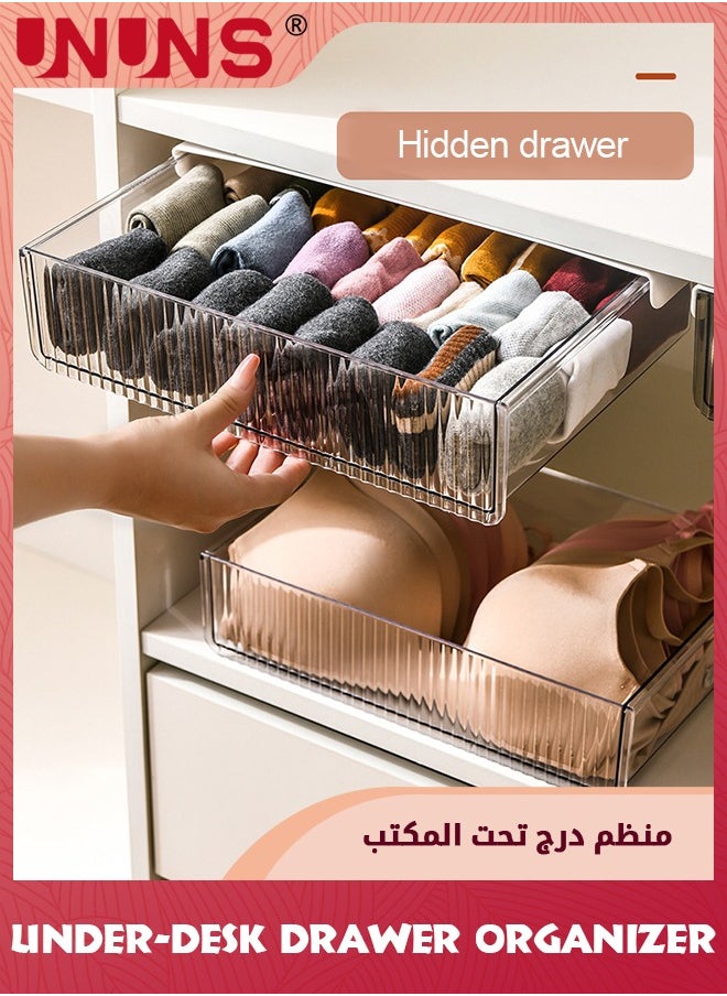 UNUNS 2 حزمة من درج تحت المكتب ينزلق للخارج، صغير ومتوسط، يمكن لصقه على درج المكتب تحت تخزين المكتب، منظم تحت المكتب مخفي تحت درج الطاولة لتنظيم المنزل والمكتب والمدرسة والتخزين  - Image 2