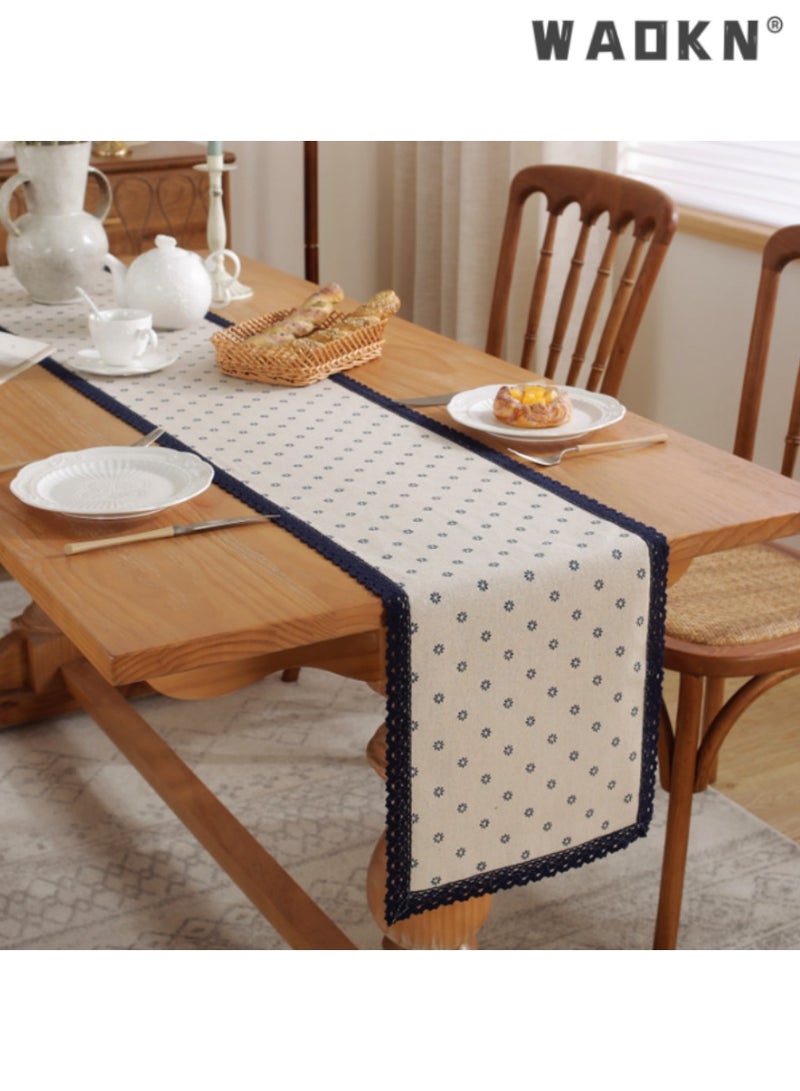 WAOKN Blue Daisy Cotton Linen Single Layer Table Runner with Blue Border, Elegant Long Table Scarf, Perfect for Enhancing Your Dining Table Decor, Ideal for Daily Use and Special Occasions,30*180 CM - Image 1