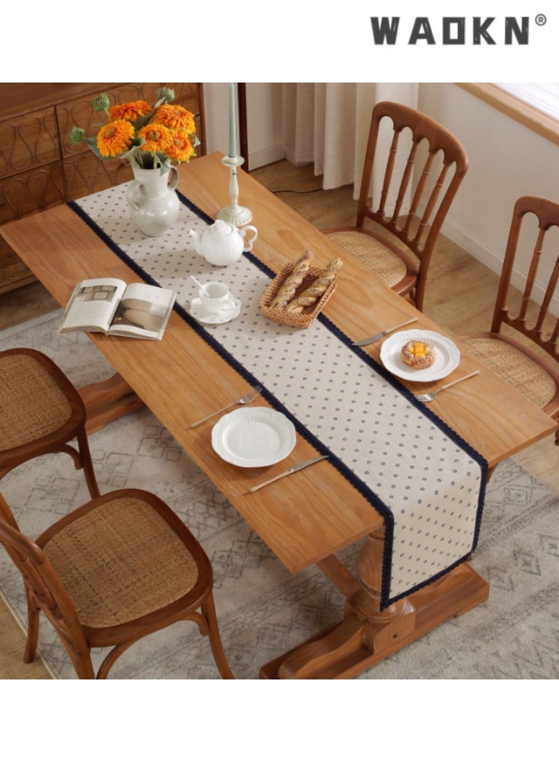 WAOKN Blue Daisy Cotton Linen Single Layer Table Runner with Blue Border, Elegant Long Table Scarf, Perfect for Enhancing Your Dining Table Decor, Ideal for Daily Use and Special Occasions,30*180 CM - Image 3