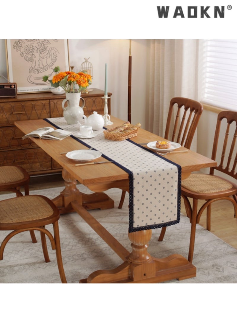 WAOKN Blue Daisy Cotton Linen Single Layer Table Runner with Blue Border, Elegant Long Table Scarf, Perfect for Enhancing Your Dining Table Decor, Ideal for Daily Use and Special Occasions,30*180 CM - Image 2