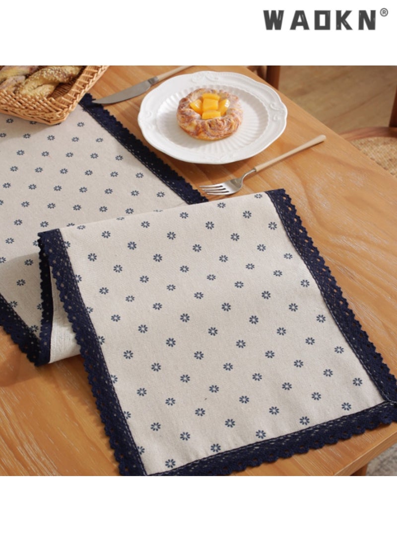 WAOKN Blue Daisy Cotton Linen Single Layer Table Runner with Blue Border, Elegant Long Table Scarf, Perfect for Enhancing Your Dining Table Decor, Ideal for Daily Use and Special Occasions,30*180 CM - Image 5