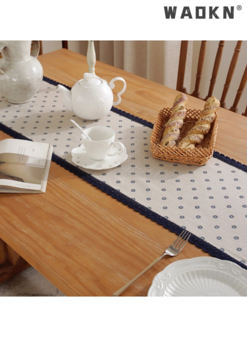 WAOKN Blue Daisy Cotton Linen Single Layer Table Runner with Blue Border, Elegant Long Table Scarf, Perfect for Enhancing Your Dining Table Decor, Ideal for Daily Use and Special Occasions,30*180 CM - Image 4